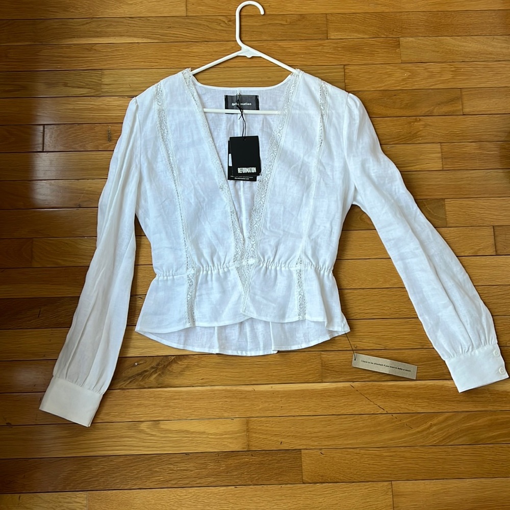 Reformation Odette Top, white, long sleeve button front, NWT, size M